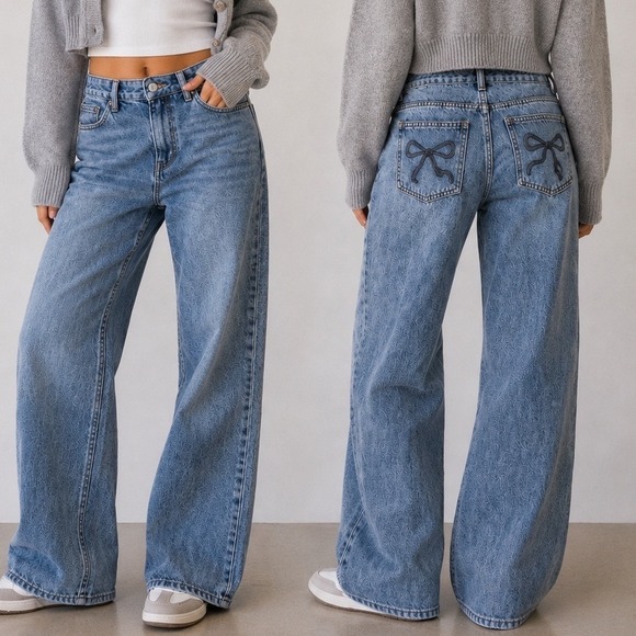 Telepatia Denim - Telepatia Wide Leg Jeans Light Wash Blue Bow Back Pocket Embroidery Size 3/26